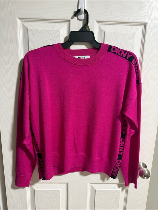 Dkny Sweaters - DKNY Women's Bright Fuchsia Crewneck Sweater with Logo Trim